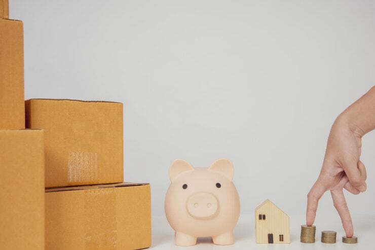 Piggy bank, cardboard boxes, and stacked coins.