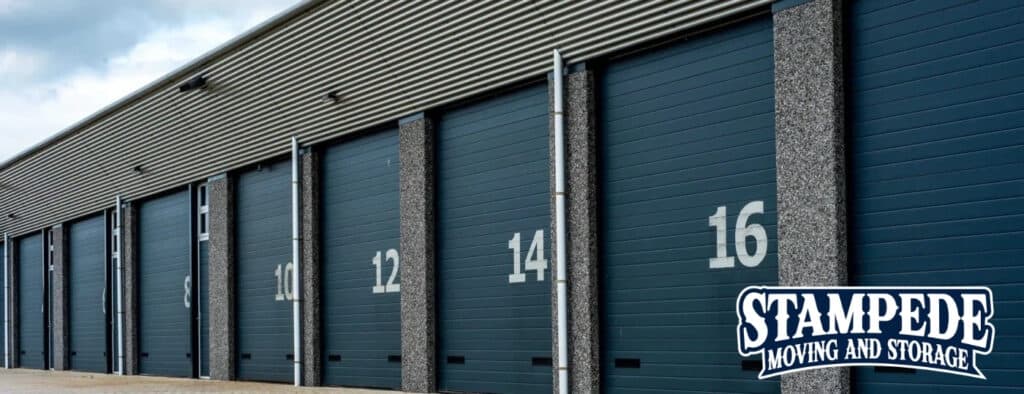 Storage facility with numbered garage doors.