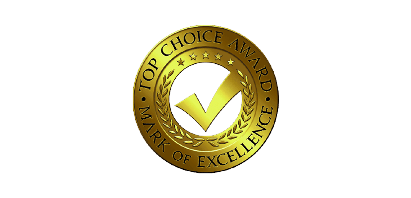 Gold award badge with checkmark and stars.