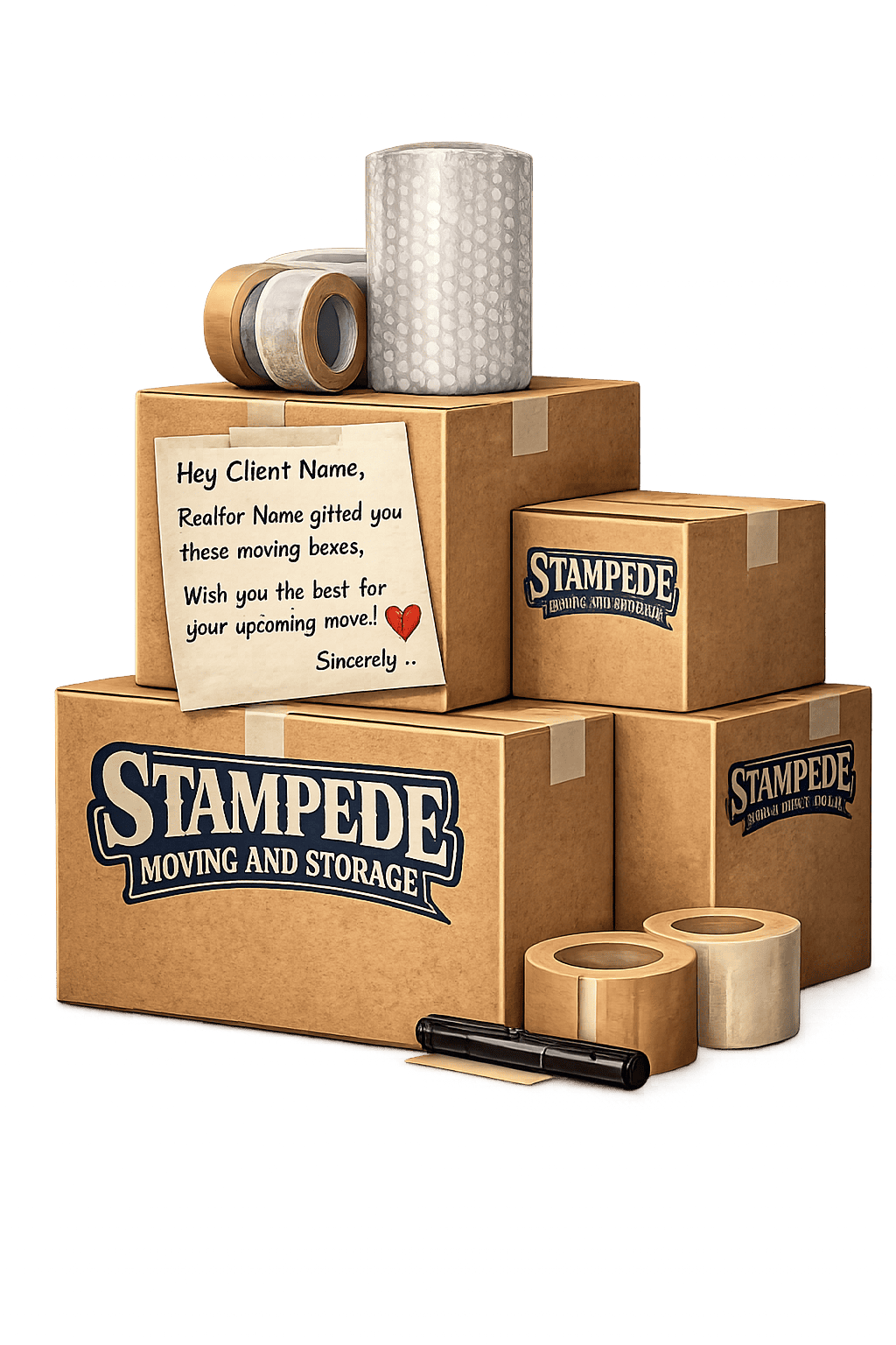 Moving boxes with packing supplies and note.