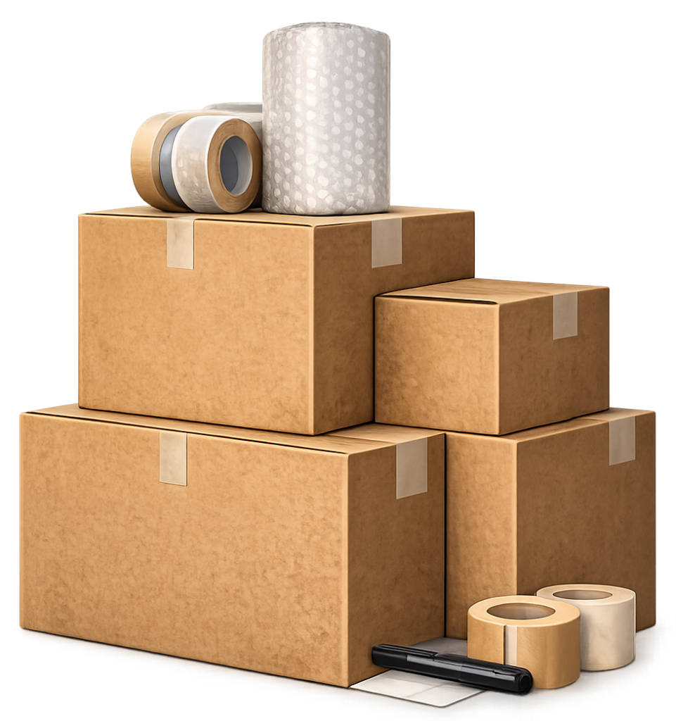 Stacked cardboard boxes with packing supplies.