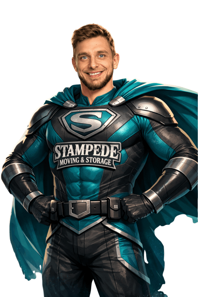Superhero in teal costume, Stampede logo visible.