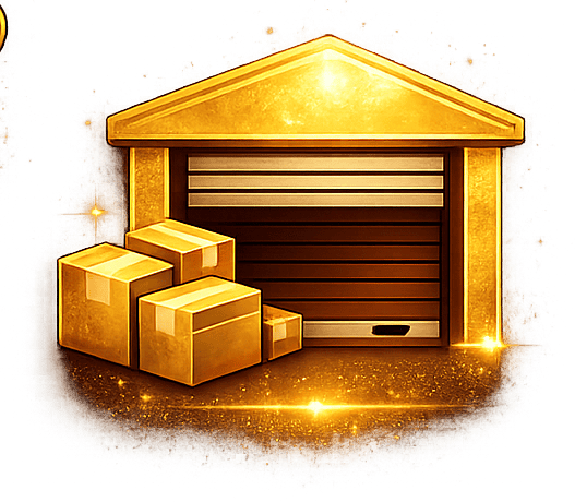 Golden garage with cardboard boxes